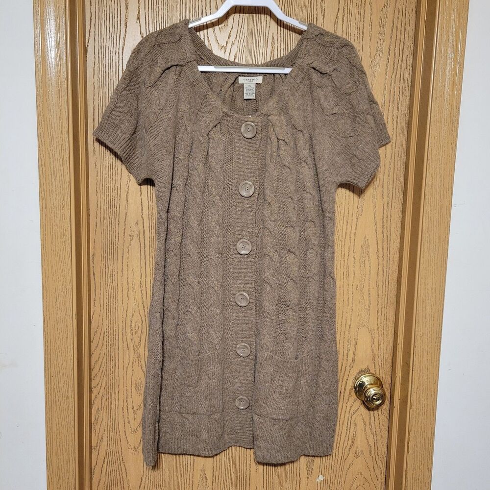Vertigo Paris Cardigan Sweater Coat Wool Angora Women's Tan Cable Knit Size XL